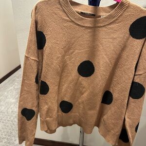 Tahari Black and Tan Crew Neck Sweater with Bold Polka Dots